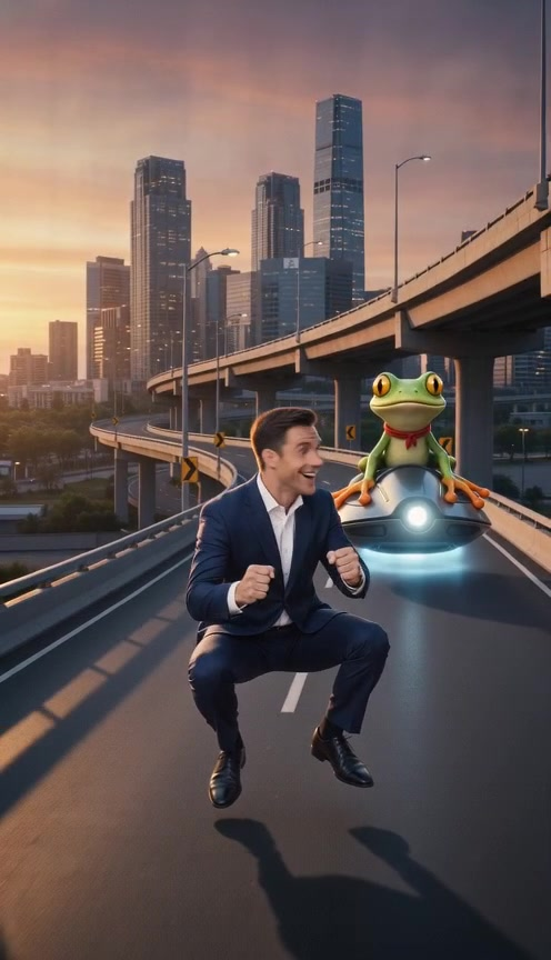 A man in a navy suit crouches on an overpass as if on an invisible moped, chased by a bright green tree frog in a red scarf on a hover pod.